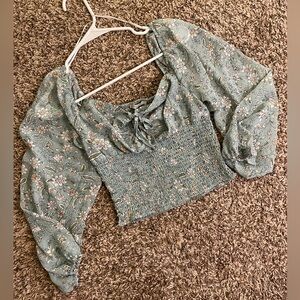 Love Tree Long Sleeve Green Top With a Flower Pattern